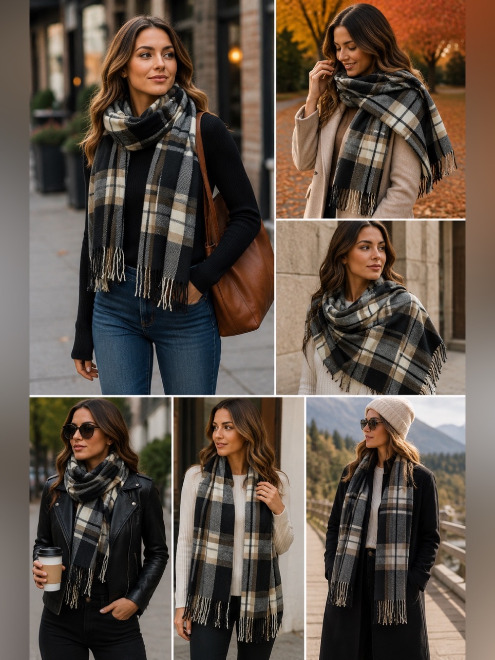 Black gray ivory brown plaid check warm soft fall winter unisex blanket scarf 💥